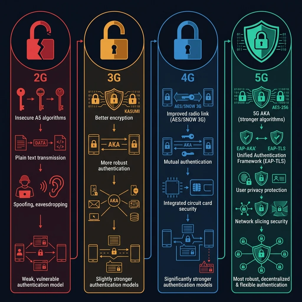 Cellular generation security evolution showing authentication and encryption improvements