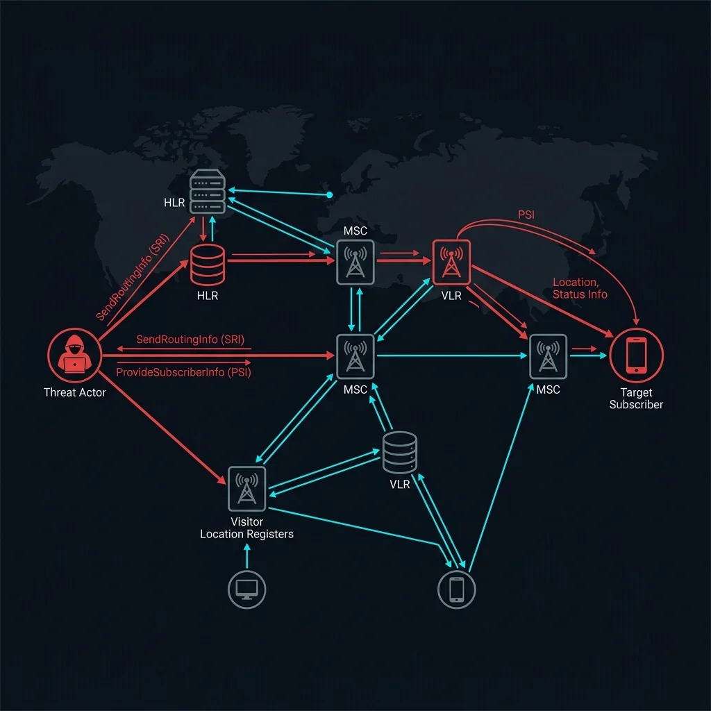 SS7 attack flow visualization showing signaling intercept pathways through global network nodes