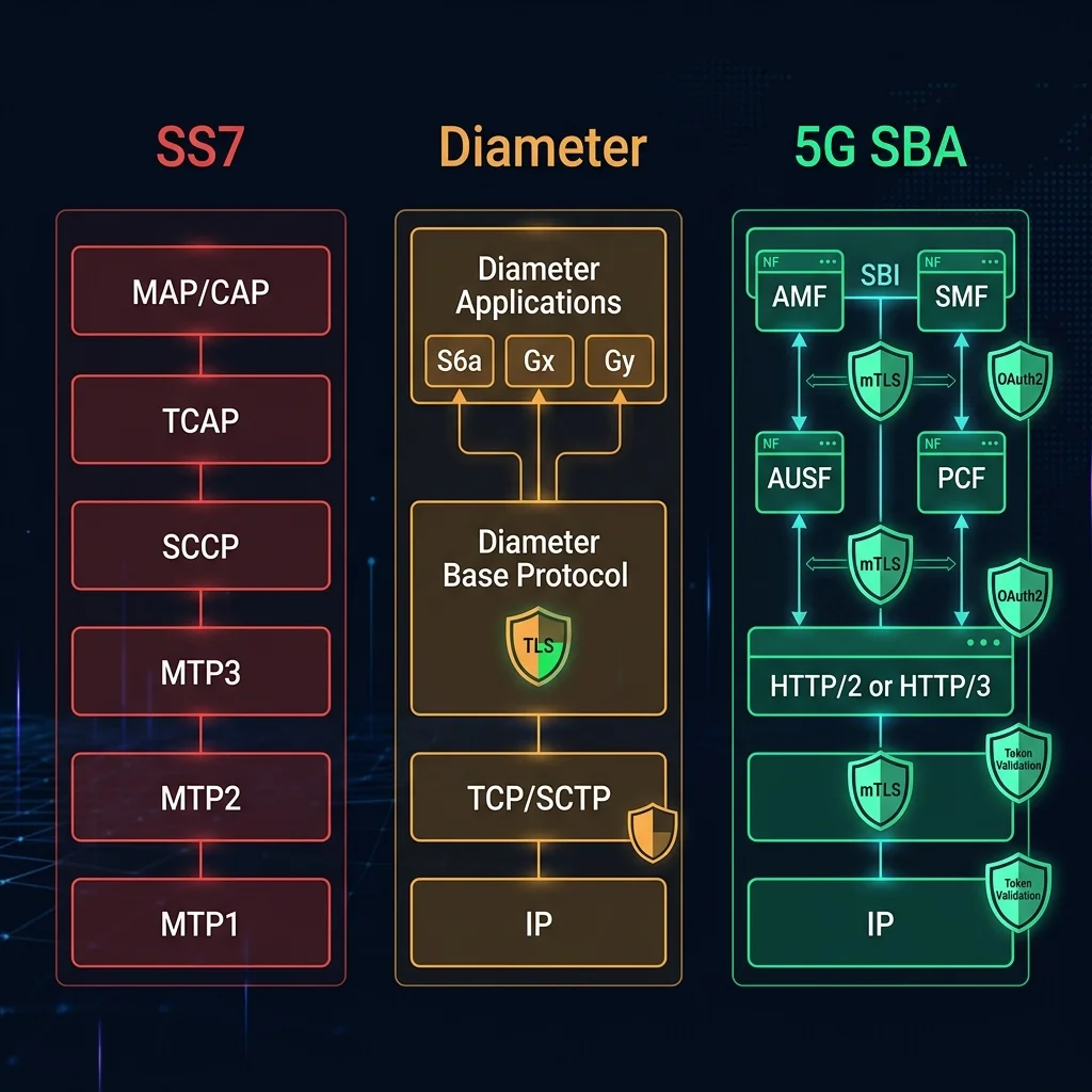 SS7, Diameter, and 5G SBA security comparison showing protocol evolution SS7, Diameter, and 5G SBA security comparison showing protocol evolution